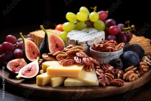 A close-up of a cheese and charcuterie board with figs, grapes, and artisanal crackers. Generative AI