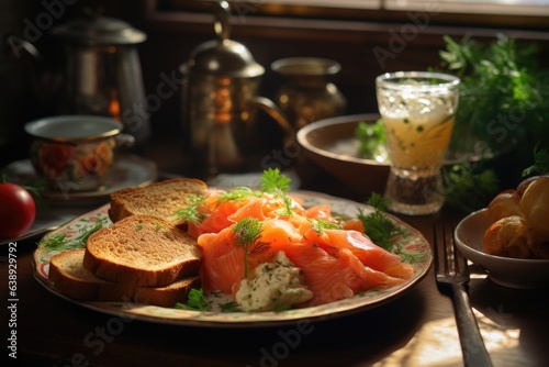 An elegant brunch spread with smoked salmon  scrambled eggs  and buttered toast. Generative AI