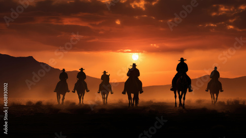 Cowboys  on horseback  silhouetted by the setting sun