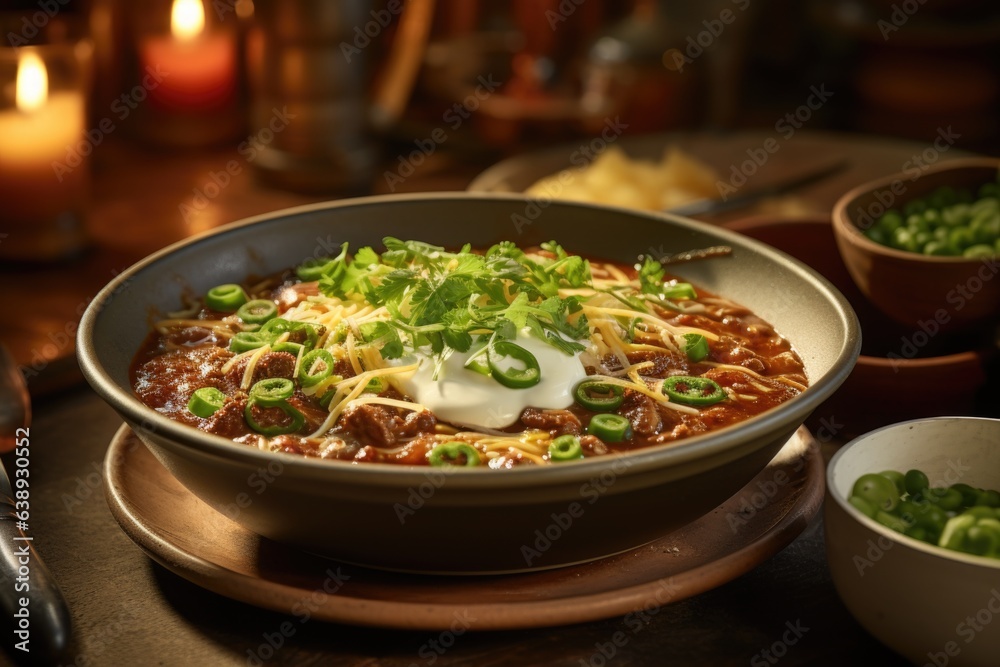 A hearty bowl of chili garnished with sour cream, cheddar cheese, and chives. Generative AI A hearty bowl of chili garnished with sour cream, cheddar cheese, and chives. Generative AI