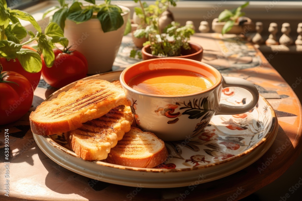 A bowl of creamy tomato soup served with a grilled cheese sandwich for dipping. Generative AI A bowl of creamy tomato soup served with a grilled cheese sandwich for dipping. Generative AI