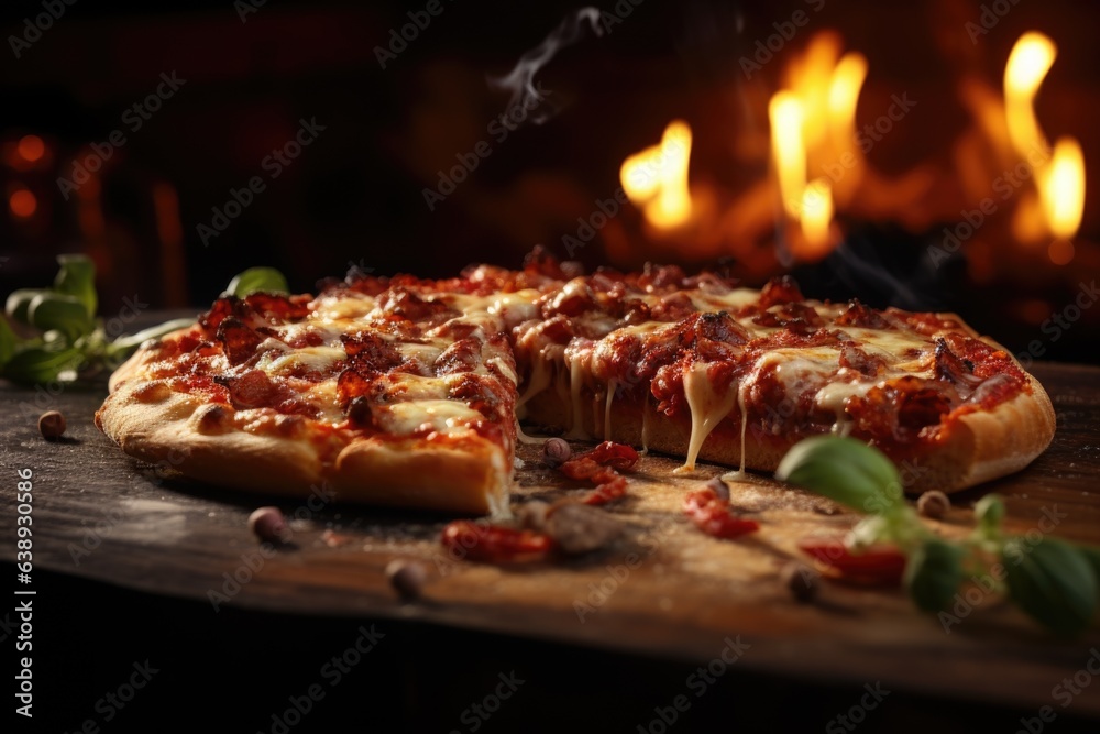 A slice of artisanal pizza with a crispy thin crust and an assortment of gourmet toppings. Generative AI A slice of artisanal pizza with a crispy thin crust and an assortment of gourmet toppings. Generative AI