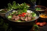A fragrant bowl of pho soup with tender slices of beef, bean sprouts, and fresh herbs. Generative AI