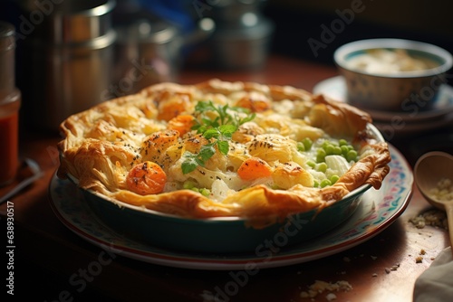 A bowl of comforting chicken pot pie with a flaky pastry crust. Generative AI