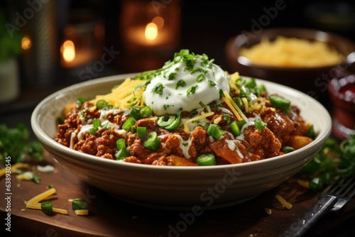 A hearty bowl of chili garnished with sour cream, cheddar cheese, and chives. Generative AI