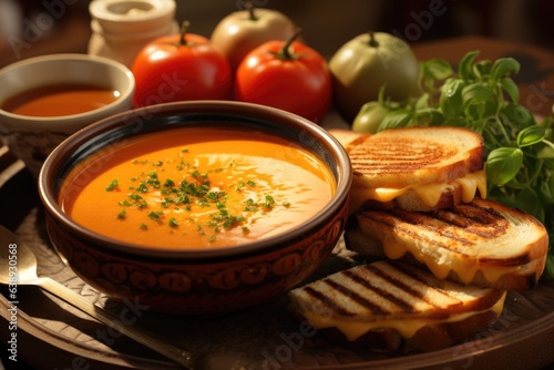 A bowl of creamy tomato soup served with a grilled cheese sandwich for dipping. Generative AI