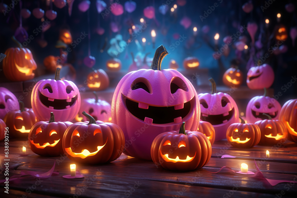 Halloween pink pumpkins dancing at the dance music party. - obrazy, fototapety, plakaty 