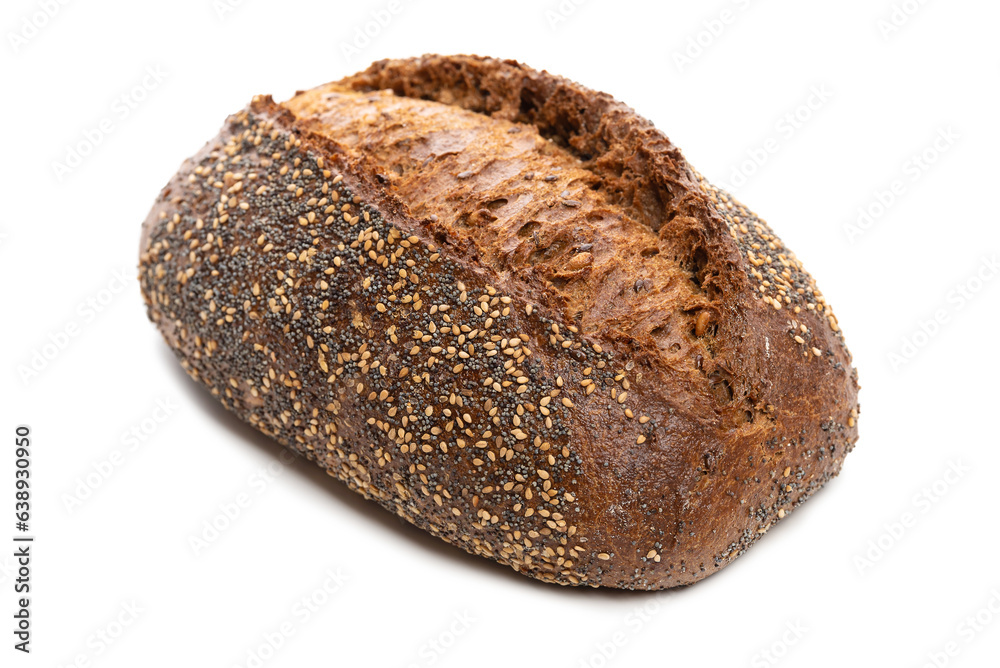 Dark rye bread with poppy seeds, sesame seeds, and others. Isolate on a white background. Dark rye bread with poppy seeds, sesame seeds, and others. Isolate on a white background.