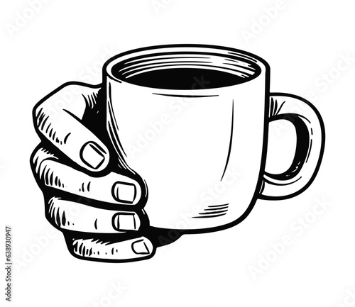Cartoon hand holding mug of warm beverage, morning espresso or chocolate with marshmallow isolated on white.