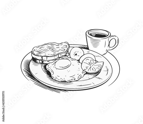 Decorative hand drawn icons breakfast foods coffee donuts juice croissant bread porridge pancake omelet milk. Vector illustration.

