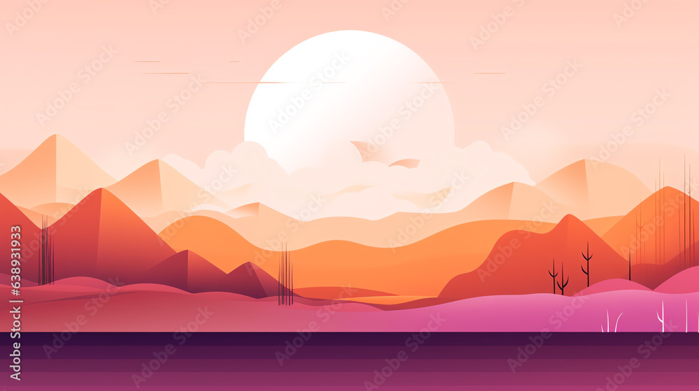 A minimalistic simple lines and shapes landscape landscape showing mountains, trees and sun, For website, app, ads, banners, backdrop use.