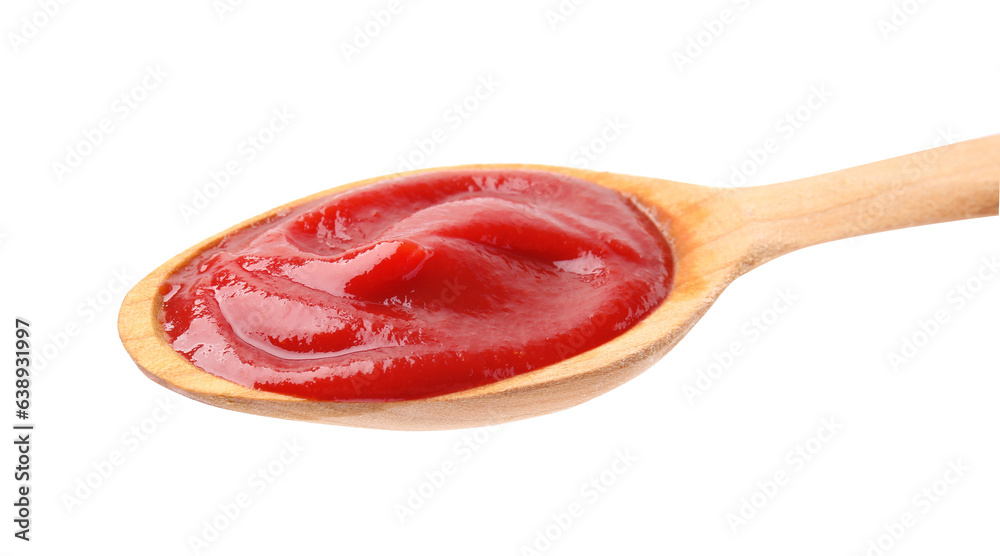 Wooden spoon with tasty ketchup isolated on white Wooden spoon with tasty ketchup isolated on white