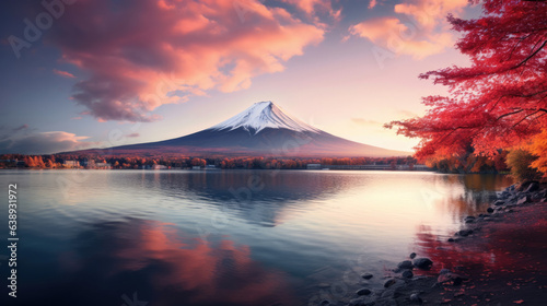 Fuji mountain and Kawaguchiko lake at sunset, Autumn seasons Fuji mountain at yamanachi in Japan. photo