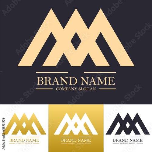 simple mountain letter m a logo design in gold color