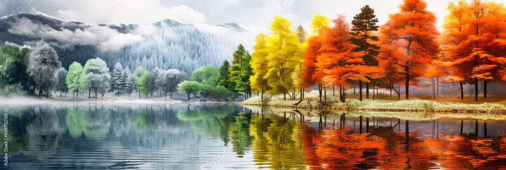 Fototapeta premium Herbstlandschaft. Bäume mit gelben und orangen Blättern am See. Generiert mit KI