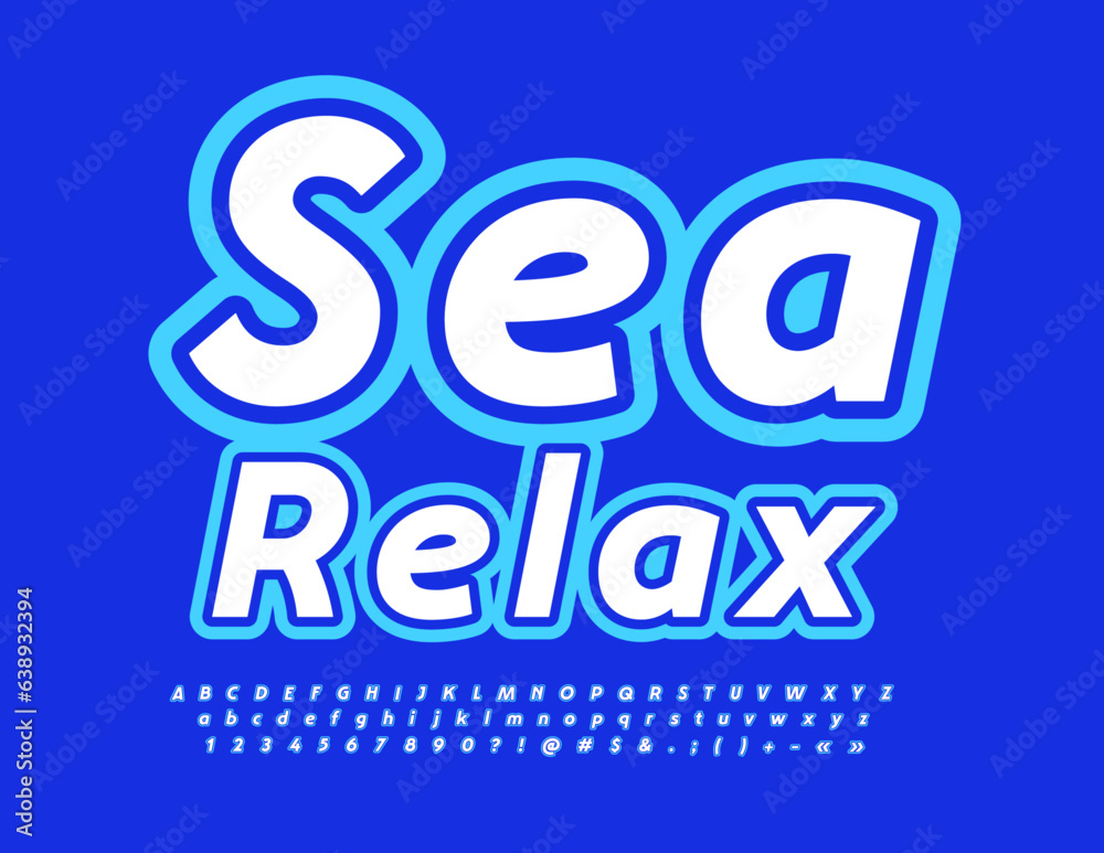 Vector creative advertisement Sea Relax. Modern Bright Font. White and Blue Alphabet Letters and Numbers set Vector creative advertisement Sea Relax. Modern Bright Font. White and Blue Alphabet Letters and Numbers set