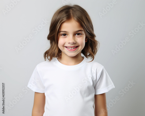 Cute girl with long brown hair wearing white outfit. T-shirt template, print presentation mockup. Happy child standing against light grey wall background.