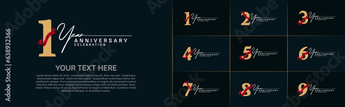set of anniversary logo with golden number and red ribbon can be use for celebration