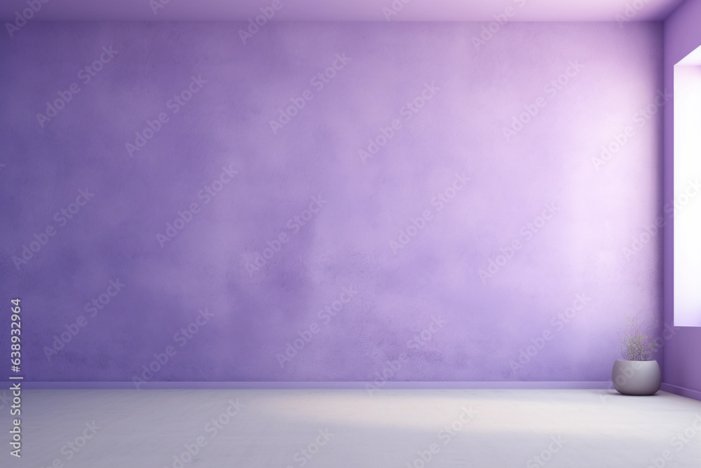 Monochrome lavander purple empty room with light from window in modern house. Wall scene mockup for showcase. Textured painted wall copyspace.