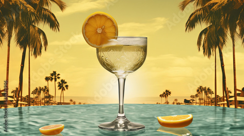 Glass with lemon water in the sand of the beach. Vacation scene with lemonade glass on the shore line.