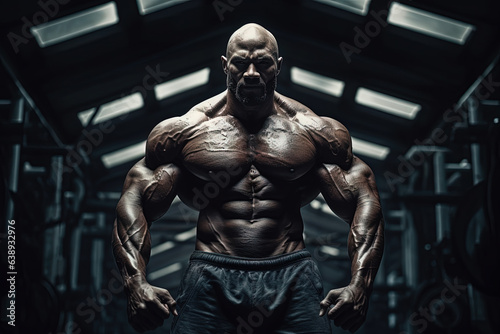 Extreme bodybuilder showing his muscles. Huge athlete demonstrating power. © swillklitch