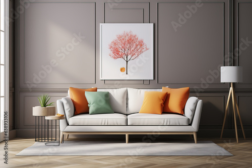 Gemütliches skandinavisches Sofa mit Kissen in Orange und Mintgrün vor moderner beiger Wand mit einer Baumillustration in einem Bilderrahmen. 

