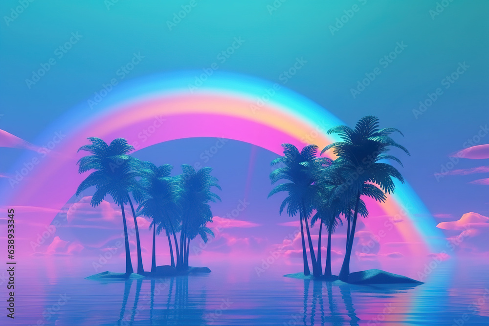 Palm trees and rainbow 80s landscape in vaporwave style. Retrowave vacation background with tropical sunset and palms.