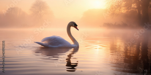 A swan in the lake with mist in the morning