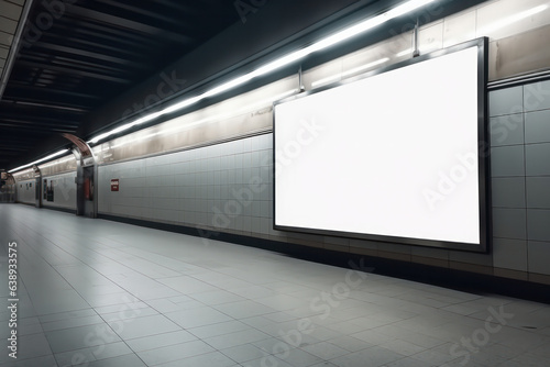 Dark and eerie abandoned subway station with a blank screen for creative expression. Perfect for a contemporary exhibit. Haunting atmosphere in urban decay. AI Generative.