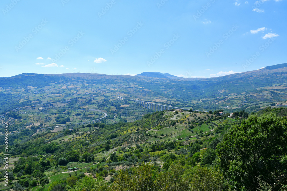 Panoramic view of Molise, a typical landscape of a mountainous region full of vegetation and small villages in Italy.