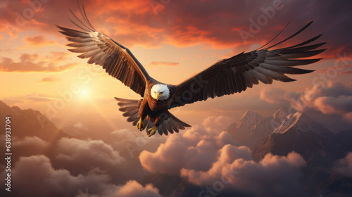 Bald eagle flying above the clouds at sunset