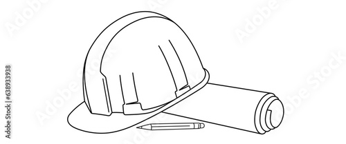 hard hat and building plans line art style
