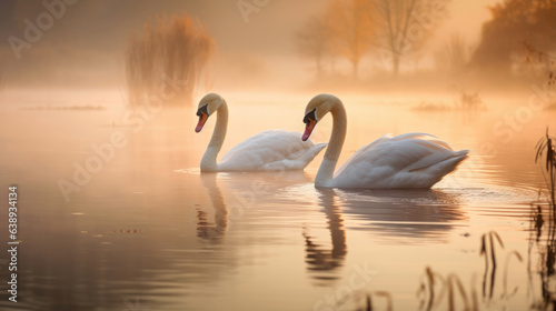 Couple swan in the lake with mist in the morning