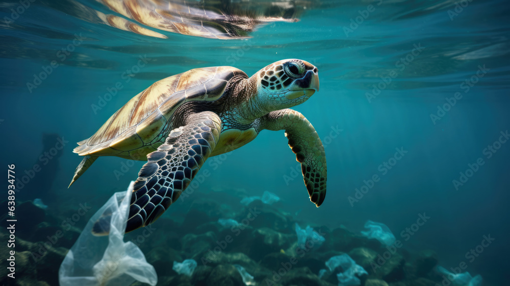 Obraz premium Plastic Pollution In Ocean - Turtle Eat Plastic Bag - Environmental Problem
