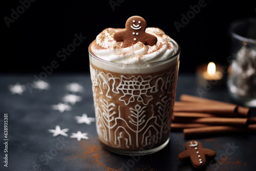 Christmas drink with cream and foam in a mug with gingerbread cookies. coffee or cocoa in the new year. gingerbread man