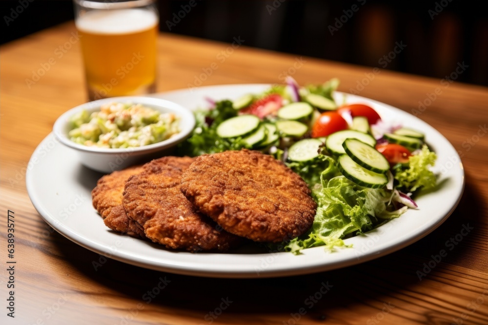 meal consisting of breaded and deep-fried ground meat patties, salad, and a dollop of mustard meal consisting of breaded and deep-fried ground meat patties, salad, and a dollop of mustard