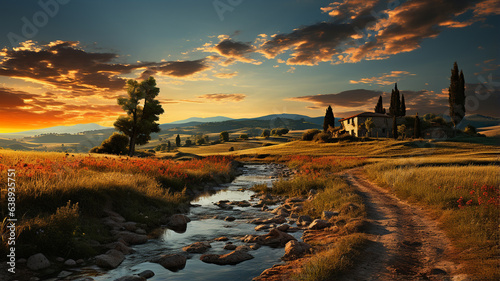 Wonderful aerial view of a Tuscan landscape with hills, farmhouses, and a beautiful sky creates a suggestive atmosphere 