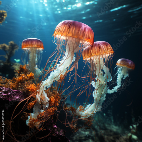 Beautiful jellyfish swim in their habitat, transparencies, lights and colors of effect 