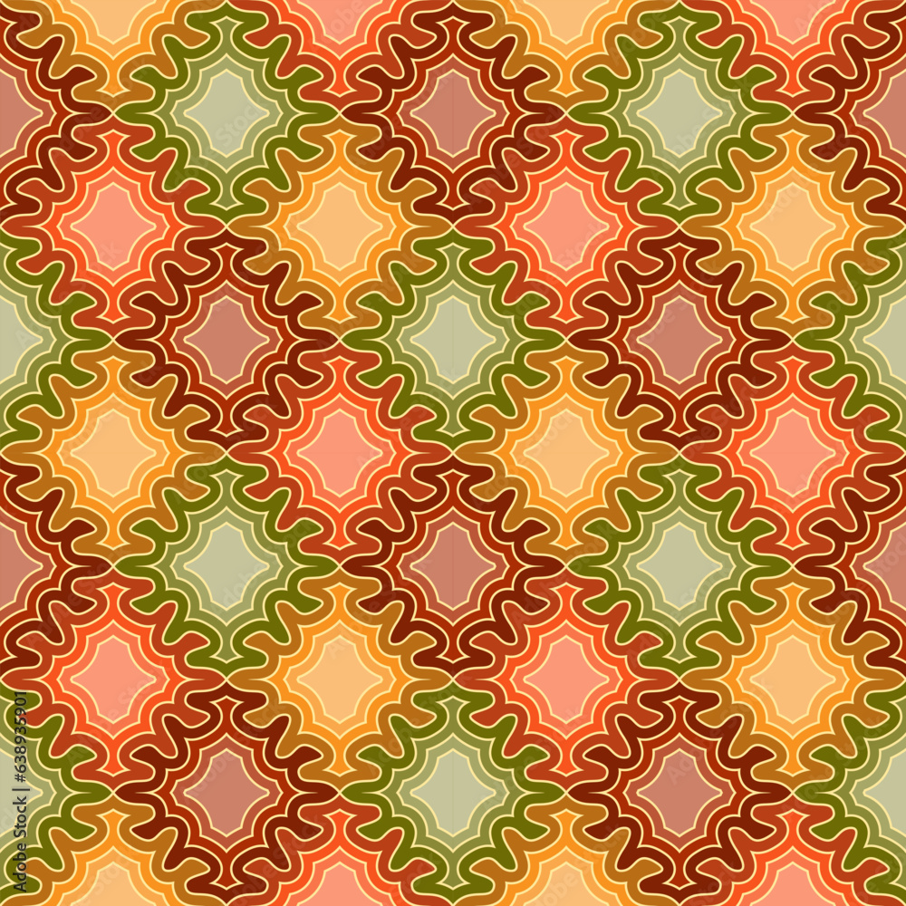 Abstract geometric seamless pattern. Mosaic of orange, yellow, green, red figure shaped tiles. Bright colorful autumn design