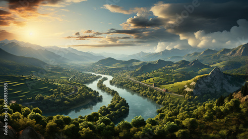 Amazing aerial view of a hilly or mountainous landscape with river cutting through it 