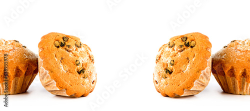 Appetizing muffins isolated on white . Collage. Wide photo. Free space for text.