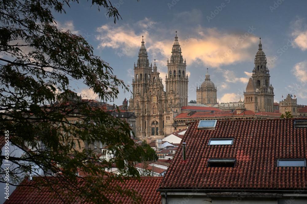 view of the facade of the cathedral of Santiago de Compostela from the viewpoint of the mall at sunset