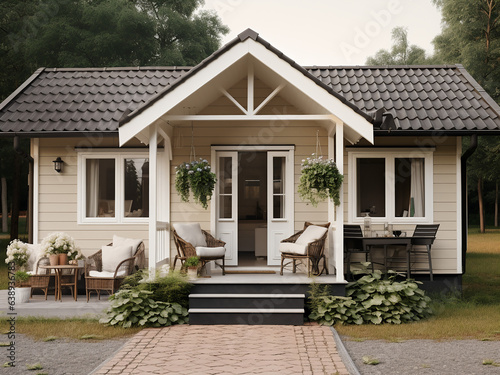Beige cottage with a bright, welcoming house. AI generative. © Llama-World-studio