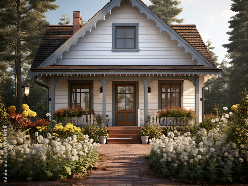 Well-lit classic cottage exterior, inviting ambiance. AI generative.