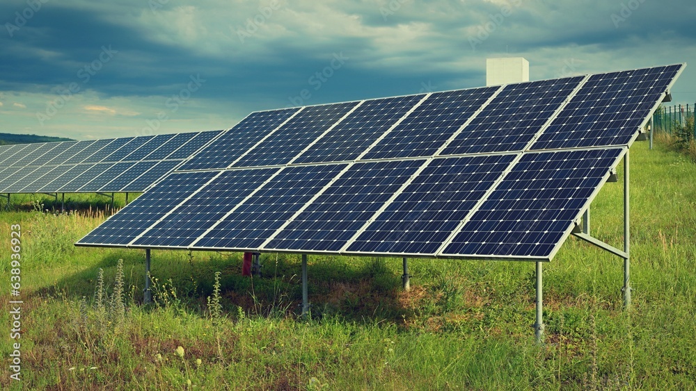 Technology solar cell. Solar panels on the sky background. Power plant. Alternative source of electricity. Solar farm. Technology solar cell. Solar panels on the sky background. Power plant. Alternative source of electricity. Solar farm.