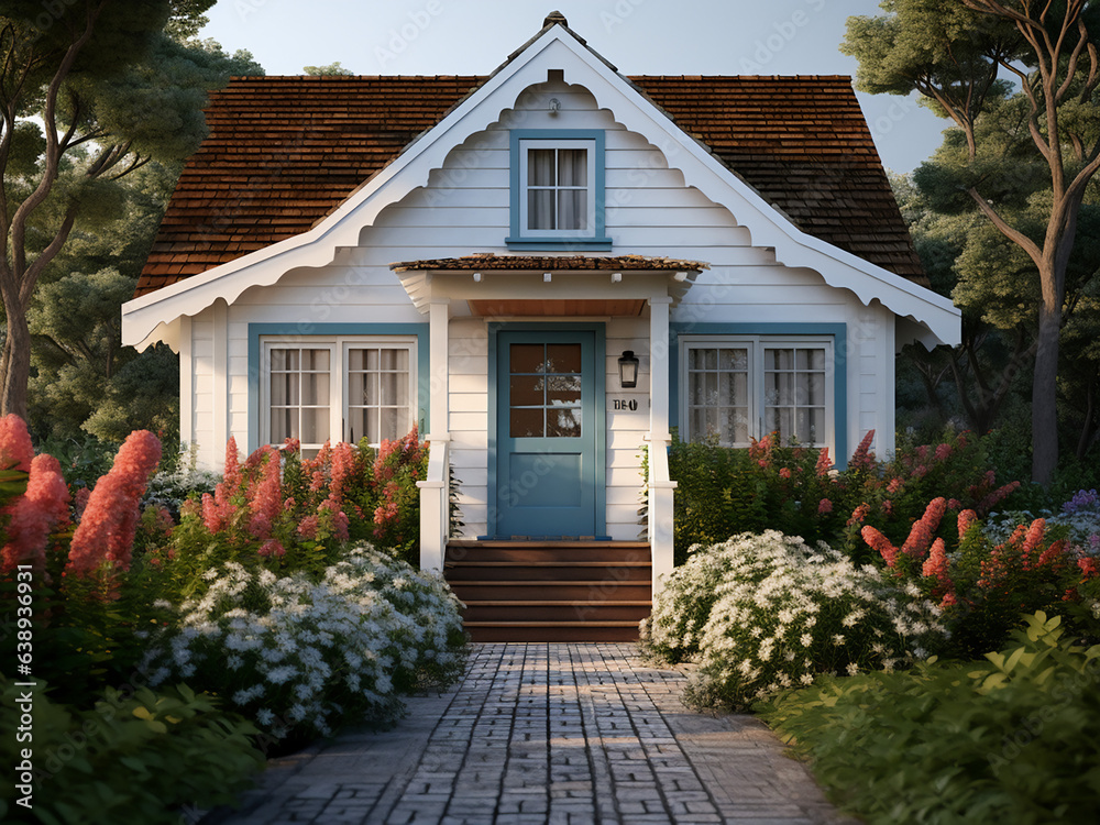 Bright classic cottage with a cozy house exterior. AI generative.