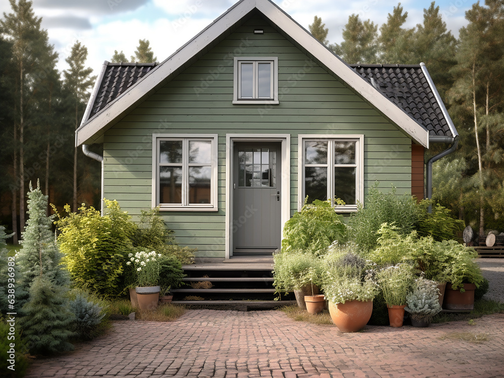 Well-lit green cottage exterior, inviting ambiance. AI generative.