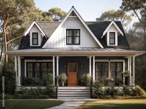 Cottage in classic tones, cozy house exterior. AI generative.