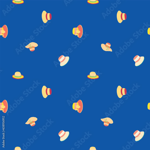 Bright vector summer hat seamless pattern background. Hand drawn women sun hats on warm blue backdrop. Female clothing headwear design. All over print for vacation, beach party concept