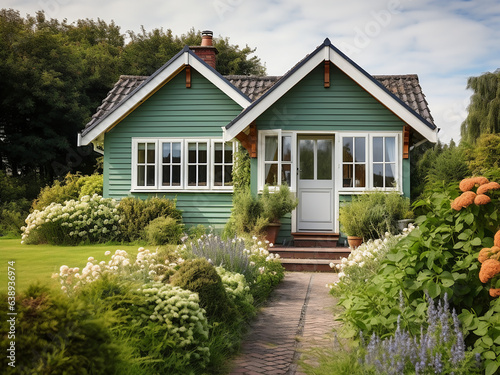 Green cottage exterior with refreshing appeal. AI generative.